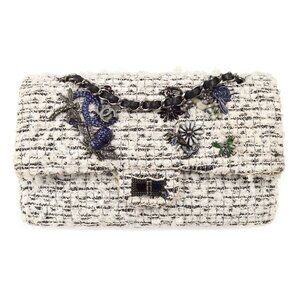 Chanel White Black Tweed 2.55 Medium Classic Double Flap Shoulder Bag XX01853
